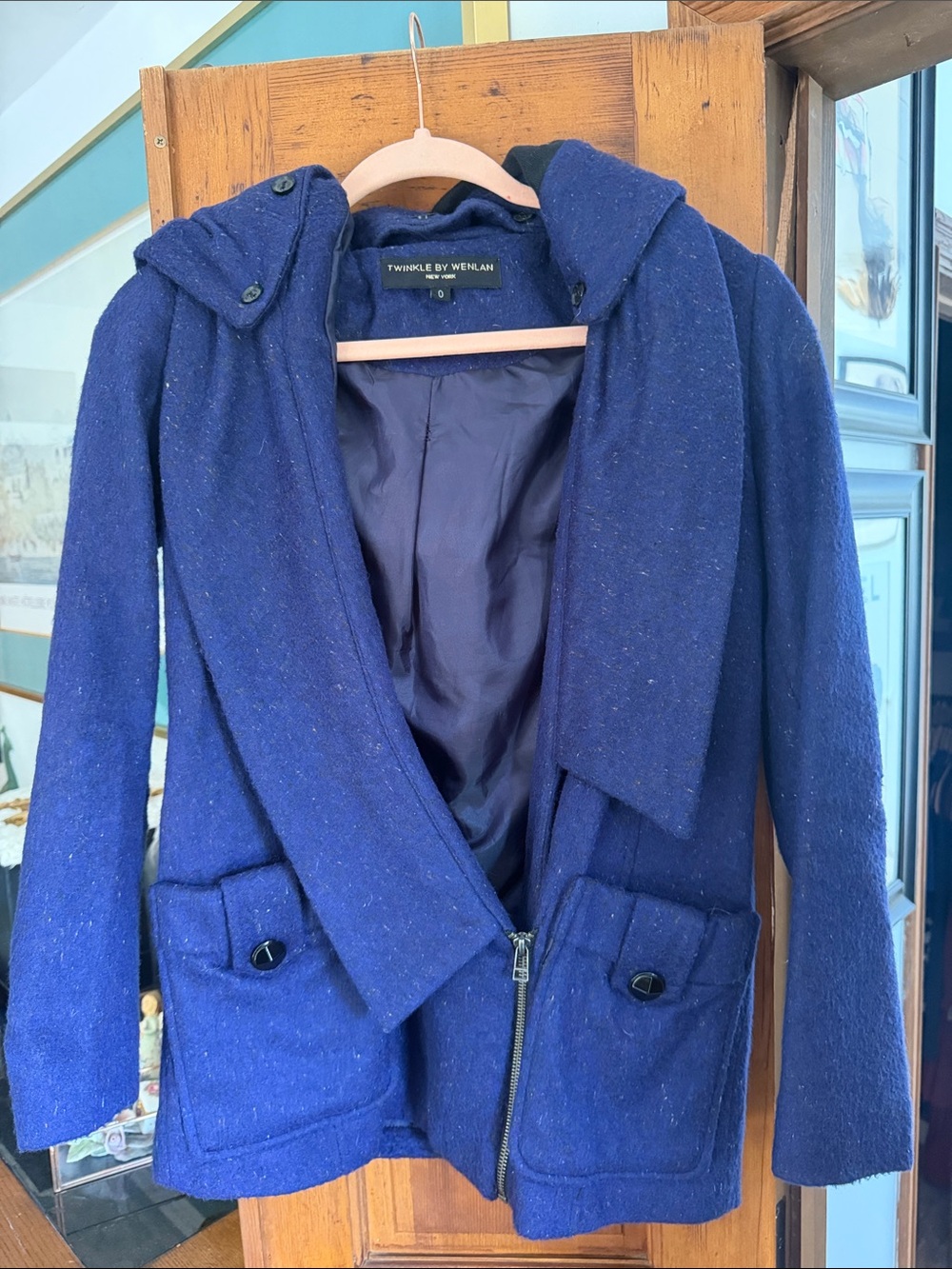 Twinkle by Wenlan Navy Hooded Wool Blend Pea Coat